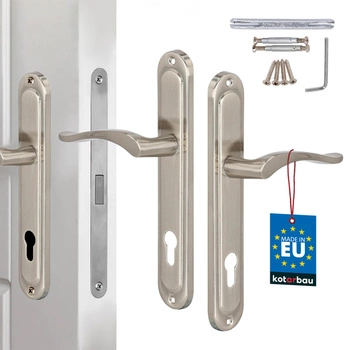 Klasická dveřní klika dlouhá štítka pro cylindrickou vložku saténová 90 mm