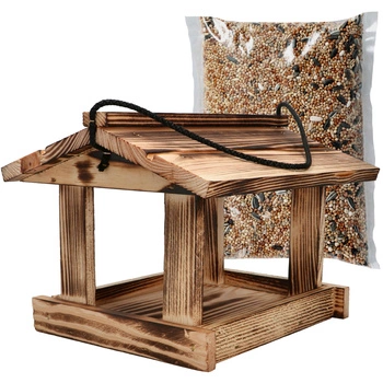 Krmítko pro ptáky dřevěné opalované + krmivo 0,5 kg