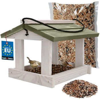 Dřevěné krmítko pro ptáky + krmivo 0,5 kg bílá