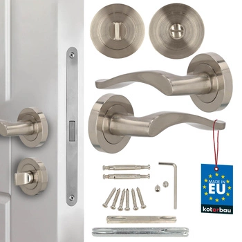 Dveřní klika vnitřní krátká štítka dělená s rozetou wc saténová