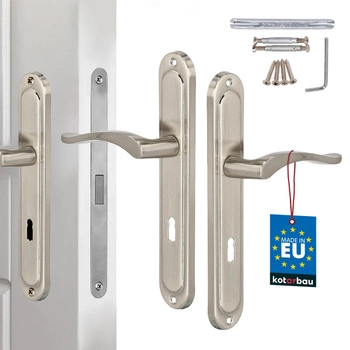 Klasická dveřní klika dlouhá štítka na klíč saténová 72 mm