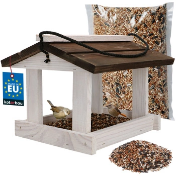 Krmítko pro ptáky dřevěné bílé hnědé + krmivo 0,5 kg