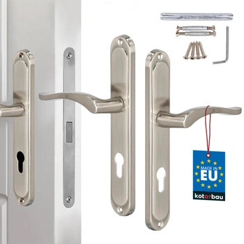 Klasická dveřní klika dlouhá štítka pro cylindrickou vložku saténová 72 mm