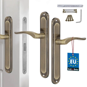 Klasická dveřní klika dlouhá štítka bez otvoru patina