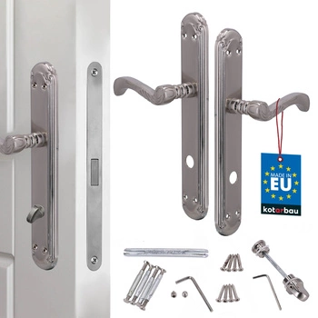 Dveřní klika s retro dekorem dlouhá hřídel satén zámek na wc 90 mm