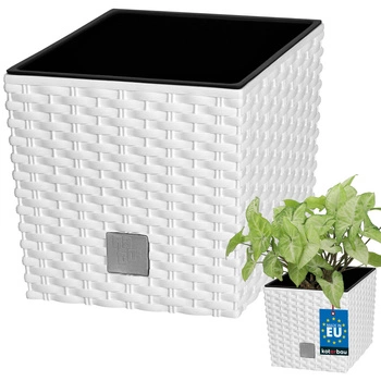 Zahradní ratanový květináč s vložkou bílý 17x17 cm