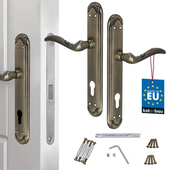 Dveřní klika dlouhá štítka zdobená patina na vložku 90 mm