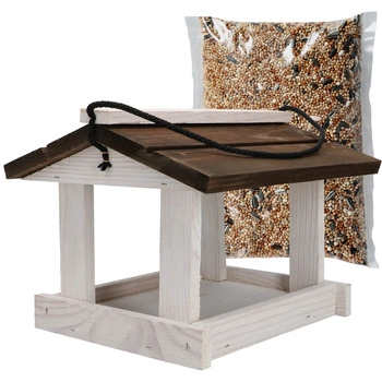 Krmítko pro ptáky dřevěné bílé hnědé + krmivo 0,5 kg