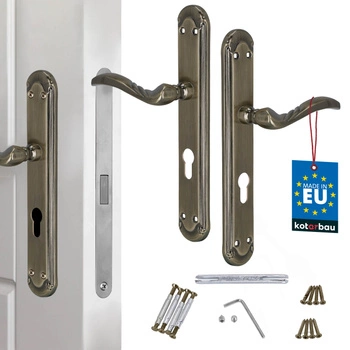 Dveřní klika dlouhá štítka zdobená patina na vložku 72 mm